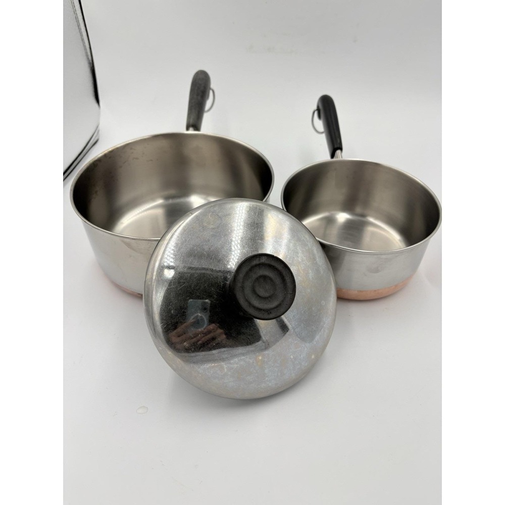 VTG Revere Ware Copper Bottom Saucepan Lot 2qt & 1 Qt  w/Lid  Clinton IL USA Rd